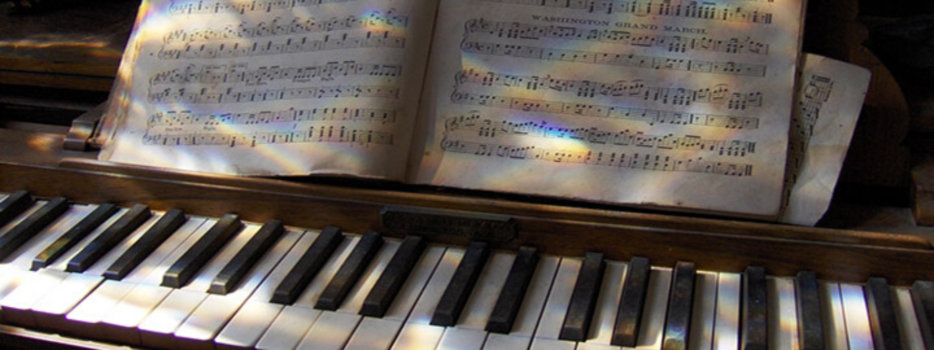 Music notes on sheet music above a piano